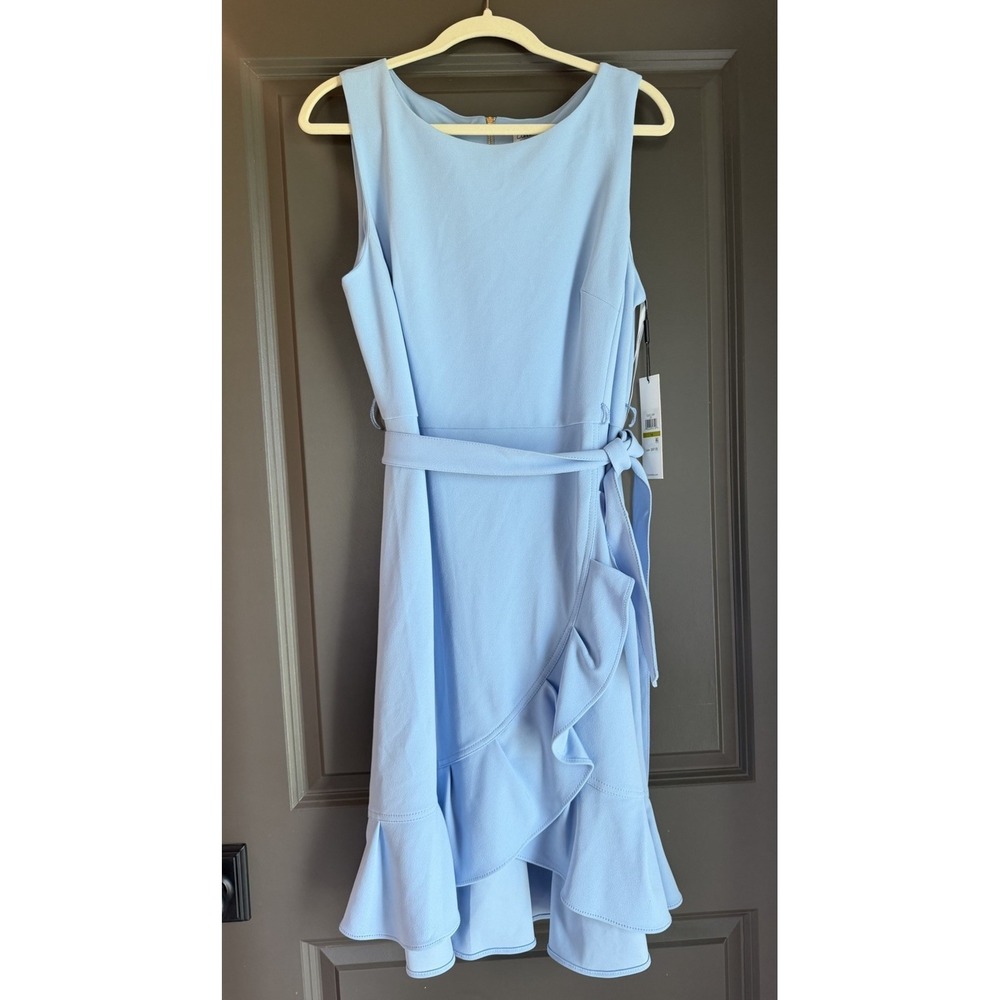 NWT Calvin Klein Women Sleeveless Belted Ruffle Hem Sheath Dress 14 Light Blue‎